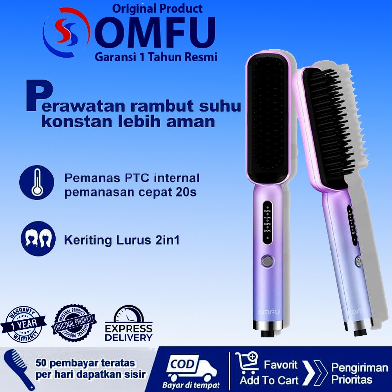 Jual Omfu Pelurus Rambut Sisir Elektrik Rambut Keriting Lurus 2 In 1