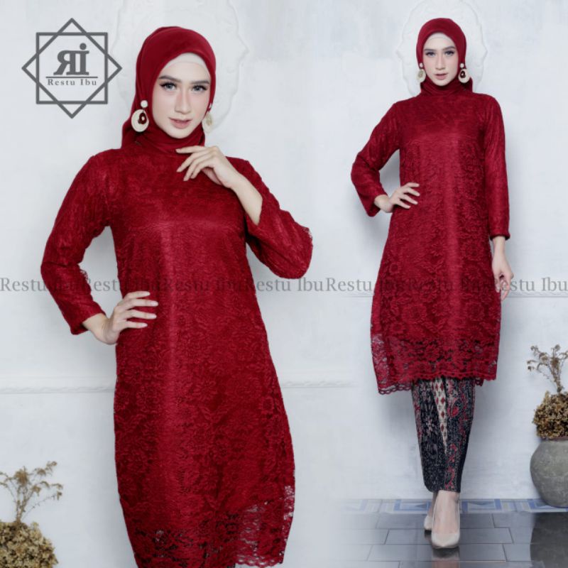 Jual COD Setelan Kebaya Brokat Tunik Kurung Lengan Panjang Mix Rok