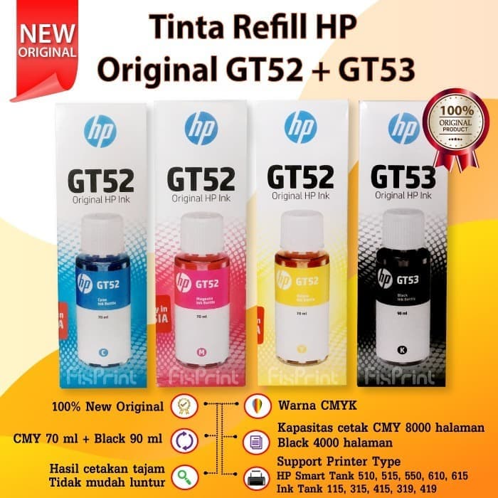 Jual Tinta Refill HP GT51 GT52 Original 90ml 1 SET GT 53 CMY GT52