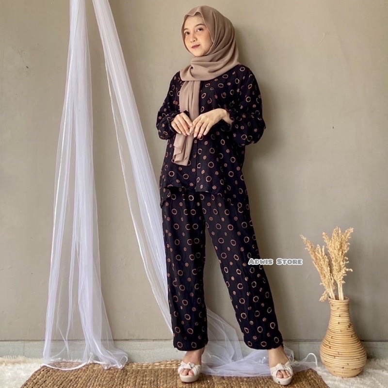 Jual COD One Set Rayon Polka Ring Piyama Rayon Pajamas Katun