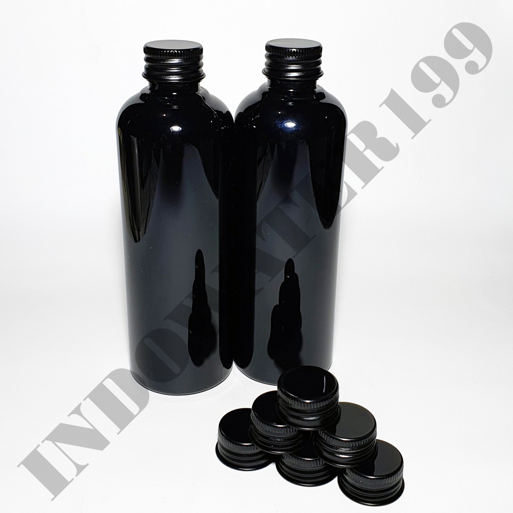 Jual BOTOL PLASTIK 250 ML HITAM TUTUP ALUMUNIUM HITAM MINIMAL 10 PCS