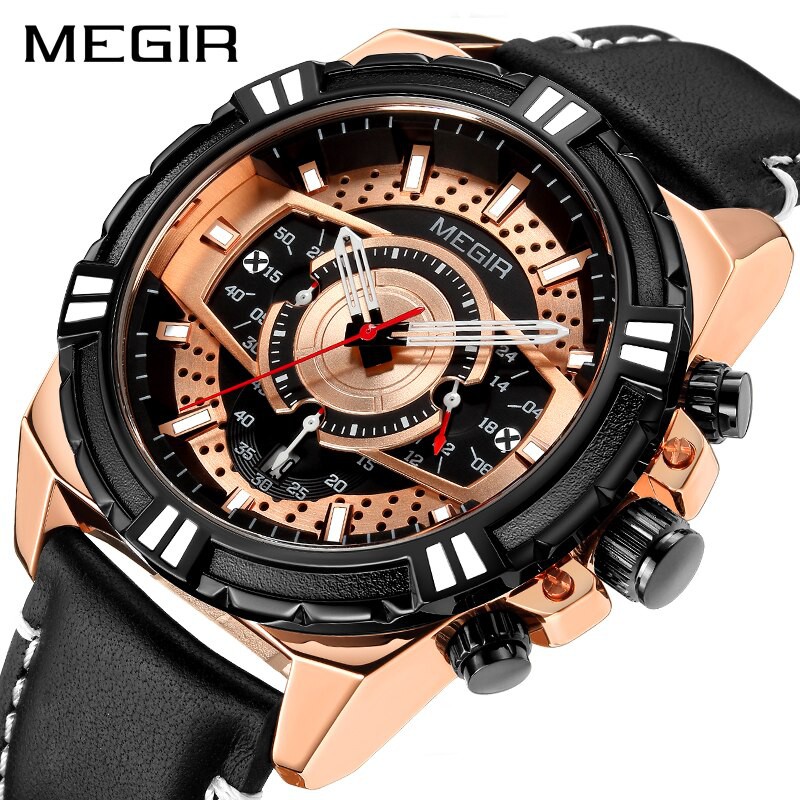 Jual Megir Jam Tangan Pria Analog Chronograph Tali Kulit Luminous