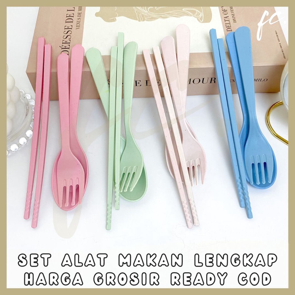 Jual Set Alat Makan Sendok Garpu Sumpit Wheat Straw Tableware 3 In