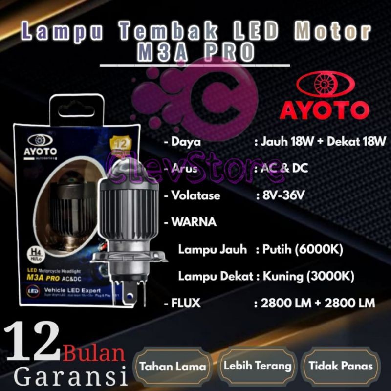 Jual LAMPU LED Motor AYOTO M3A PRO 2 Warna H4 AC DC HI 18W LOW 18W