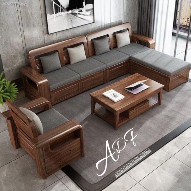 Jual Kursi Tamu Sofa Sudut Minimalis Bahan Kayu Jati Perhutani Set