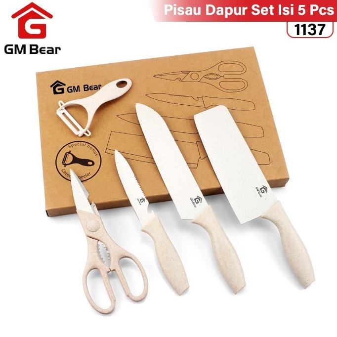 Jual COD GM Bear Pisau Set Stainlees Tebal 5 Pcs White 1137 Pisau