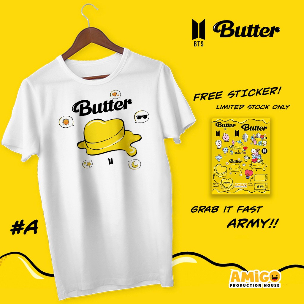 Jual Baju Kaos BTS LOVE BUTTER FREE STICKER Tee Wanita Pria Lengan