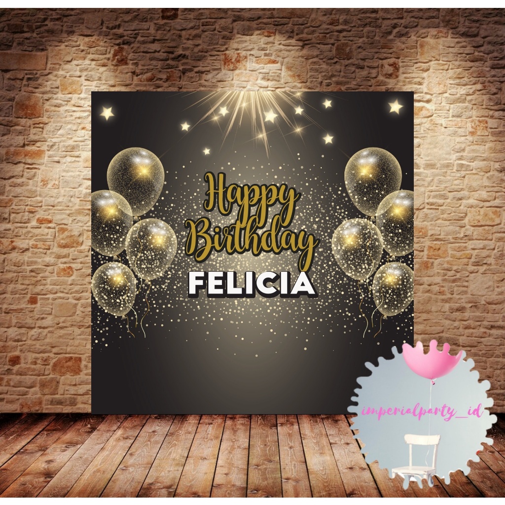 Jual Custom Backdrop Banner Spanduk Happy Birthday Balon Gold Hitam