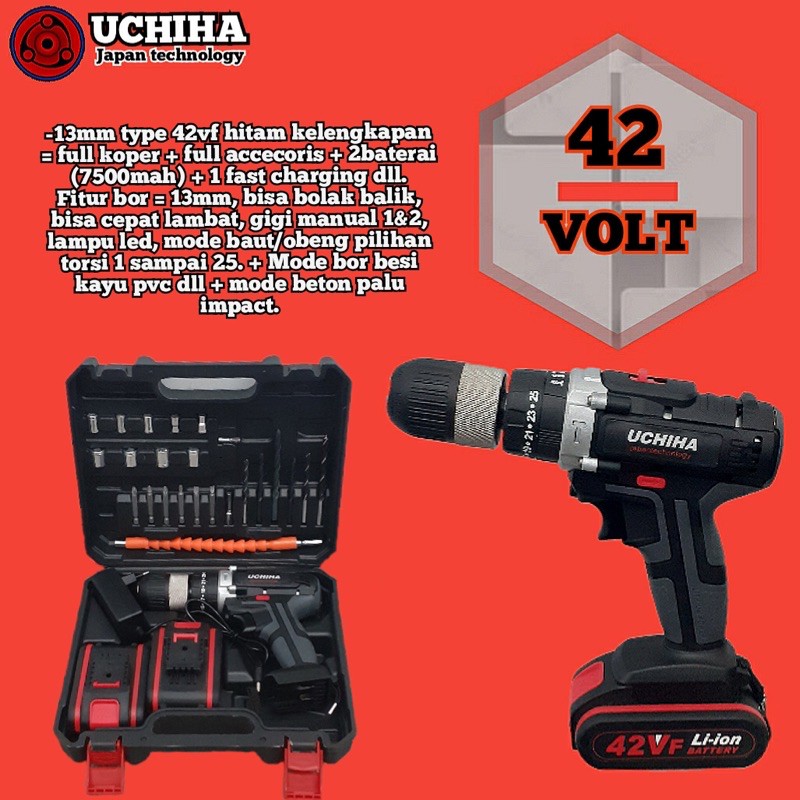 Jual Mesin Bor Cordless Bor Baterei Impact 42V 13mm UCHIHA JAPAN