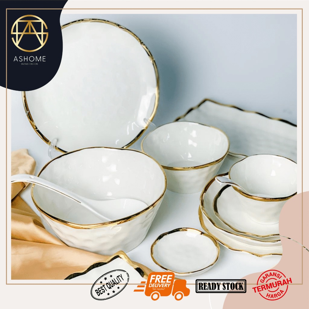 Jual Ashome Piring Makan Keramik Putih Gold Motif Gelombang Piring