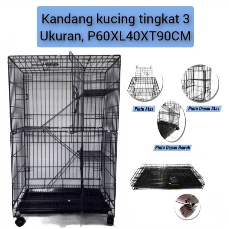 Jual KANDANG KUCING BESI LIPAT TINGKAT 3 SIZE L UKURAN 60X40X90CM