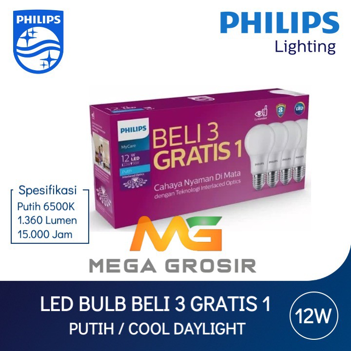 Jual Lampu Philips LED Bulb MyCare Multipack 12W Putih Paket 12 Watt W