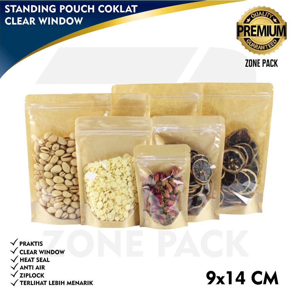 Jual Standing Pouch Craft Full Clear Windows Warna Coklat 9x14 Cm