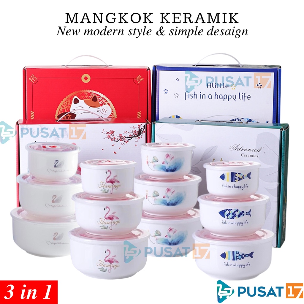 Jual PUSAT17 MANGKOK KERAMIK SET 3PCS PENUTUP SEAL KEDAP UDARA