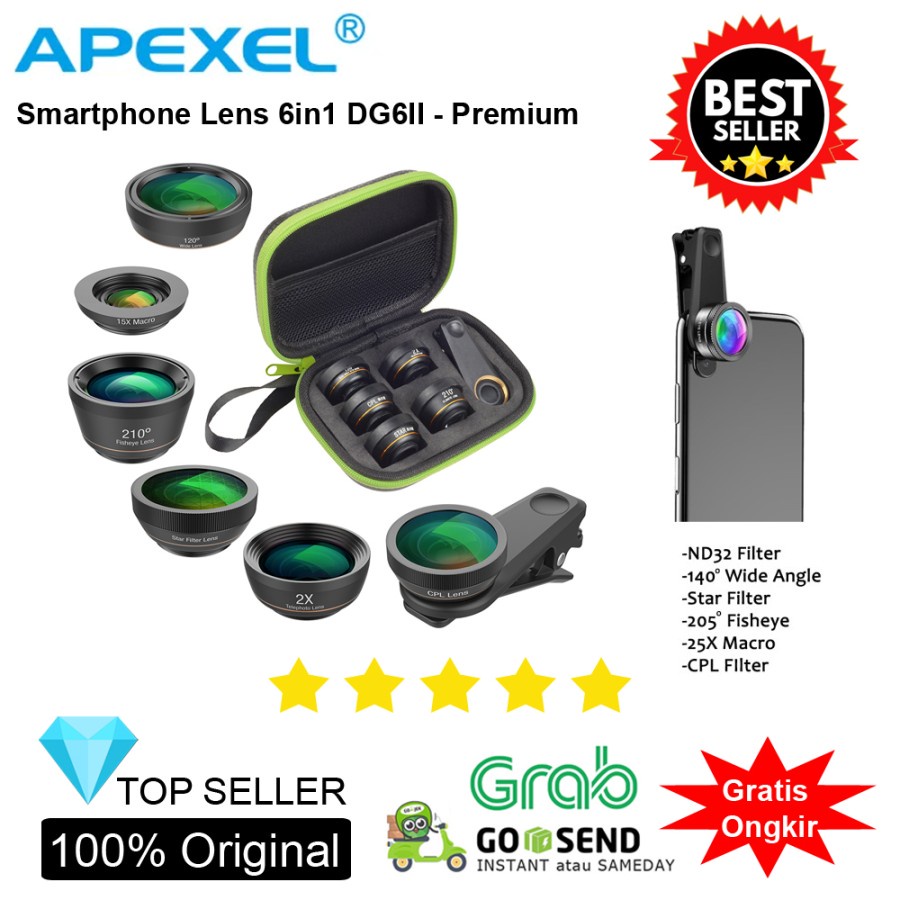 Jual APEXEL DG6V2 6in1 Premium Series Fisheye Wide CPL Macro Star