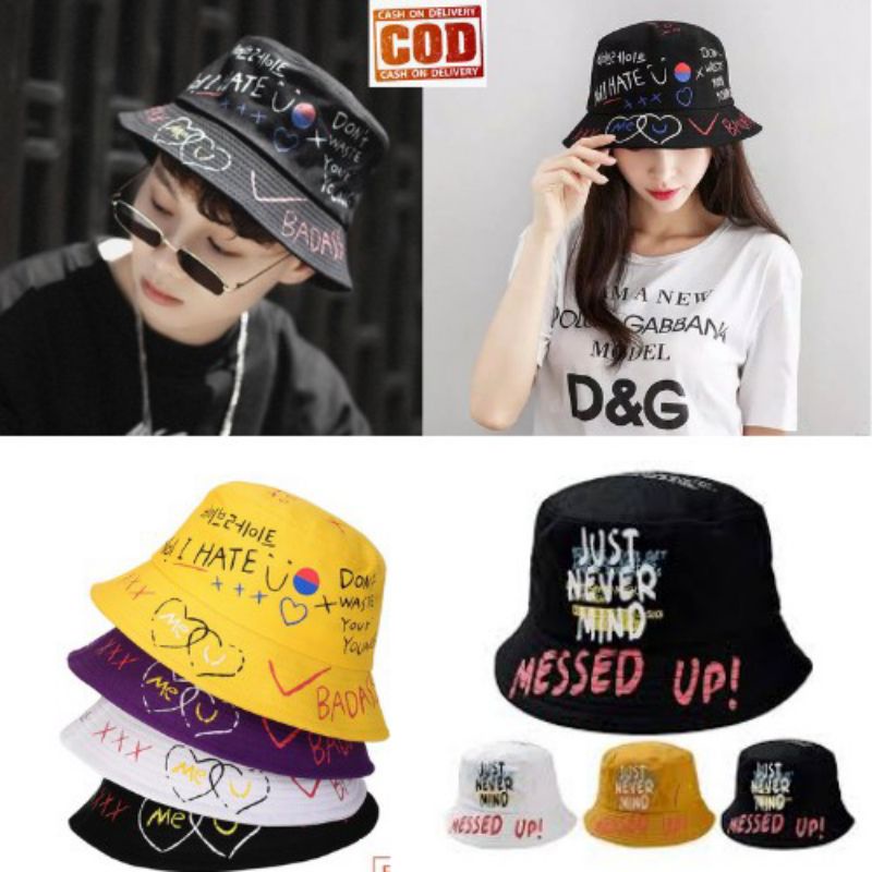 Jual Promo Topi Bucket Korea Trendy Sablon Badas Messed Up Murah