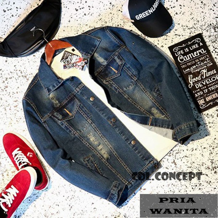 Jual Jaket Denim Pria Sobek Polos Tebal Model Terbaru Jeans Sandwash