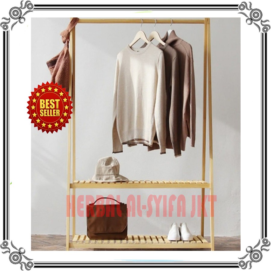 Jual Stand Hanger 2 Tingkat Gantungan Baju Kayu Rak Serbaguna