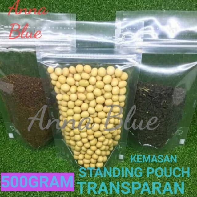 Jual STANDING POUCH 500 GRAM TRANSPARAN KEMASAN KOPI SNACK PLASTIK KLIP