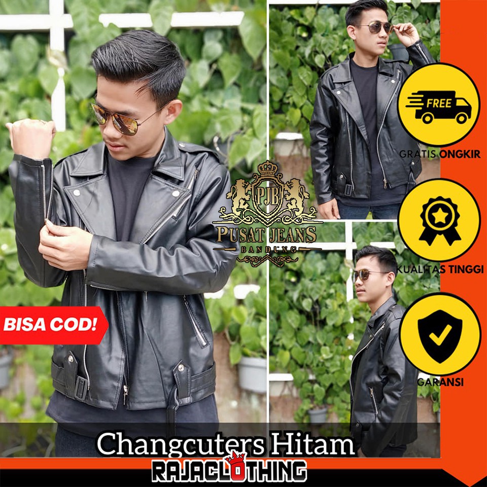 Jual RCL Jaket Semi Kulit Pria Cowok Changcuter Hitam Ramones Motor