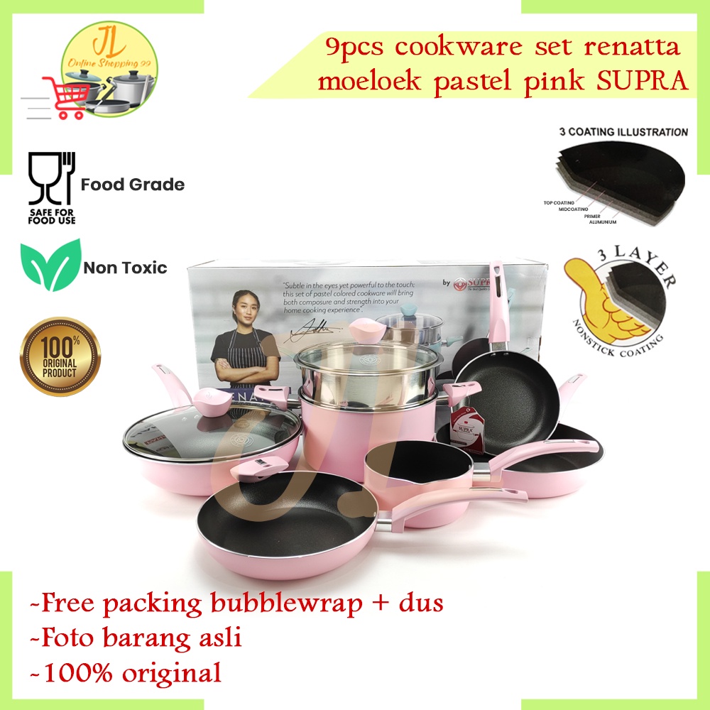 Jual Cookware Set 9pcs Renatta Pastel PINK SUPRA Panci Penggorengan