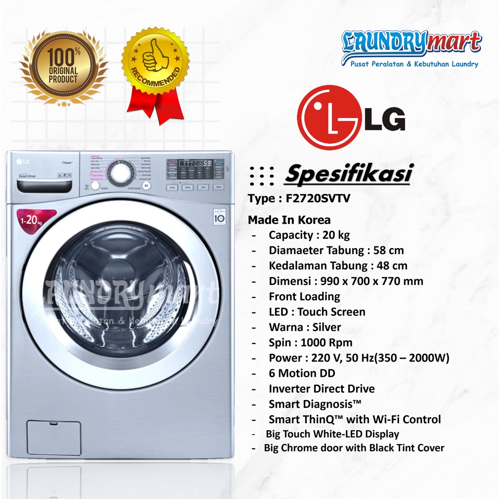 Jual MESIN CUCI LAUNDRY MESIN CUCI FRONT LOADING LG 20KG F2720SVTV