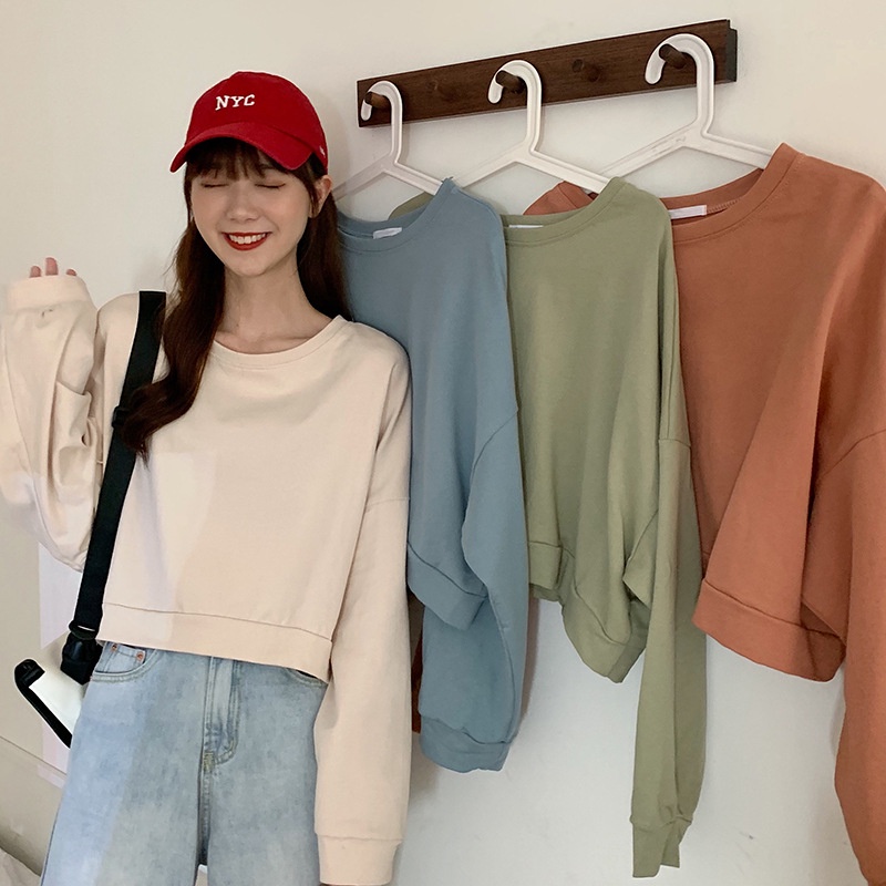 Jual Basic Crop Ls Tshirt Oversize Tee Kaos Longgar Korea Wanita