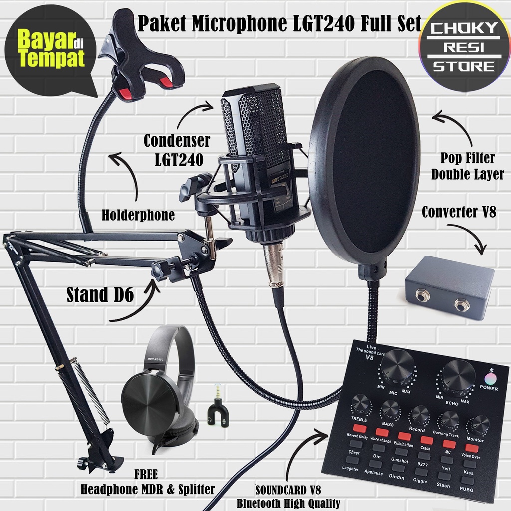 Jual Paket Microphone LGT240 Full Set Plus Soundcard V8 High Quality