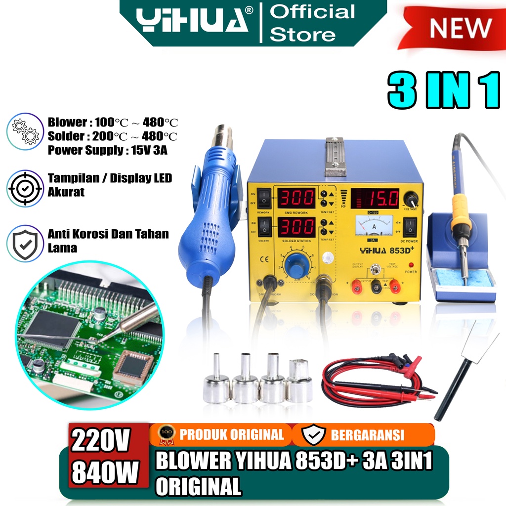 Jual Yihua 853D Solder Station Soldering 3 IN 1 Blower Uap Hot Air Gun