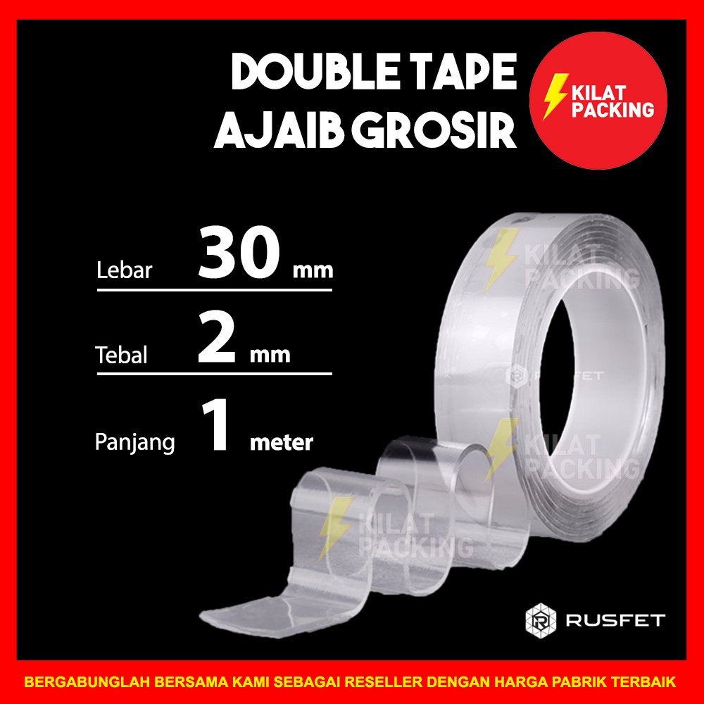 Jual DOUBLE TAPE AJAIB LAKBAN RUSFET Isolasi 2 Sisi Solatip 30 Mm X 1