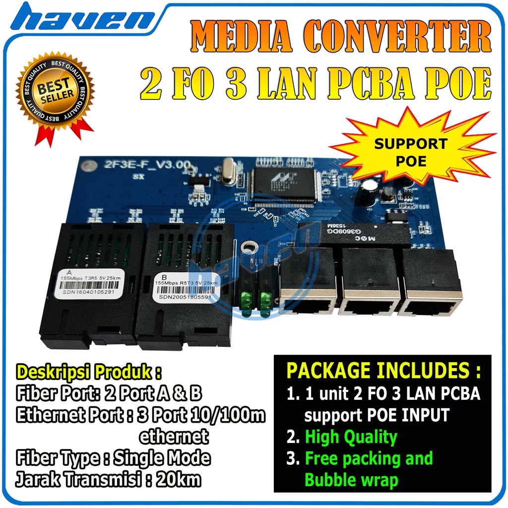 Jual Media Converter 2 Port FO 3 Port LAN Board Only 2 FO 3 LAN PCB