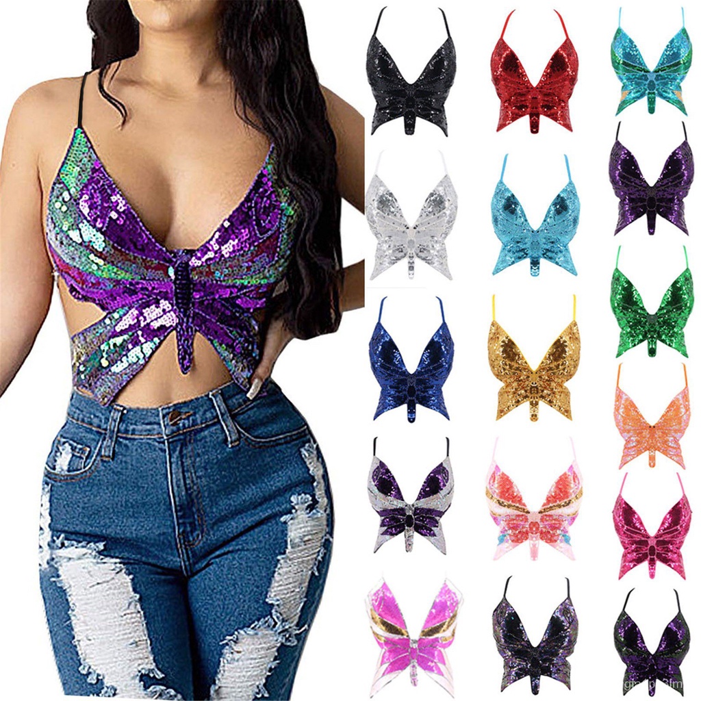 Jual Summer Multi Color Bandage Butterfly Sequin Top Sexy Summer Tops