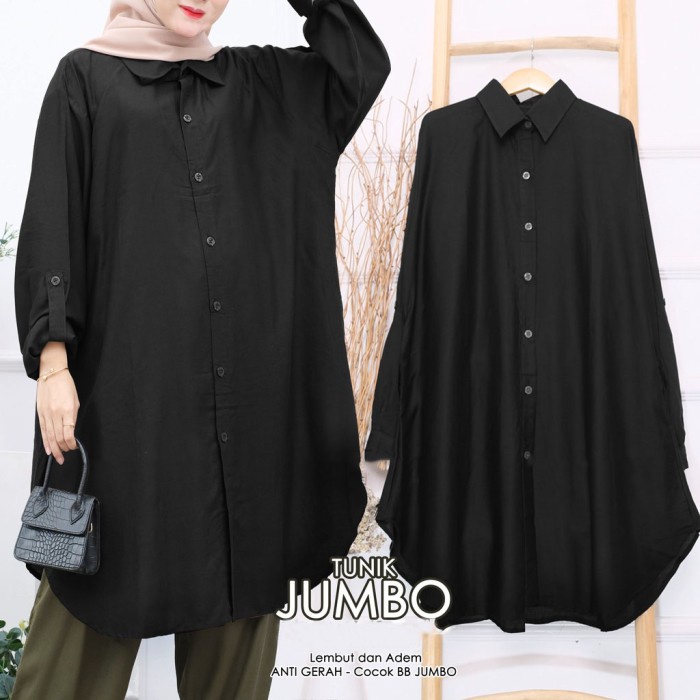 Jual Baju Tunik Jumbo Xxl Ld Wanita Kerah Kemeja Hitam Xxl