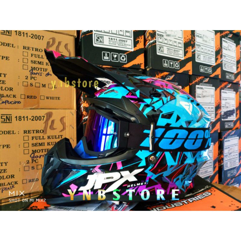 Jual Helm JPX Cross Fox1 Motif X33 Lattice Blue Gloss Kacamata Google