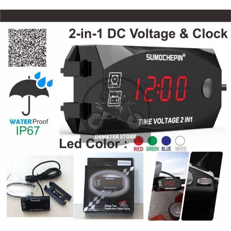 Jual Voltmeter Aki Motor 2 IN 1 Digital Pengukur Aki Listrik Dan Jam