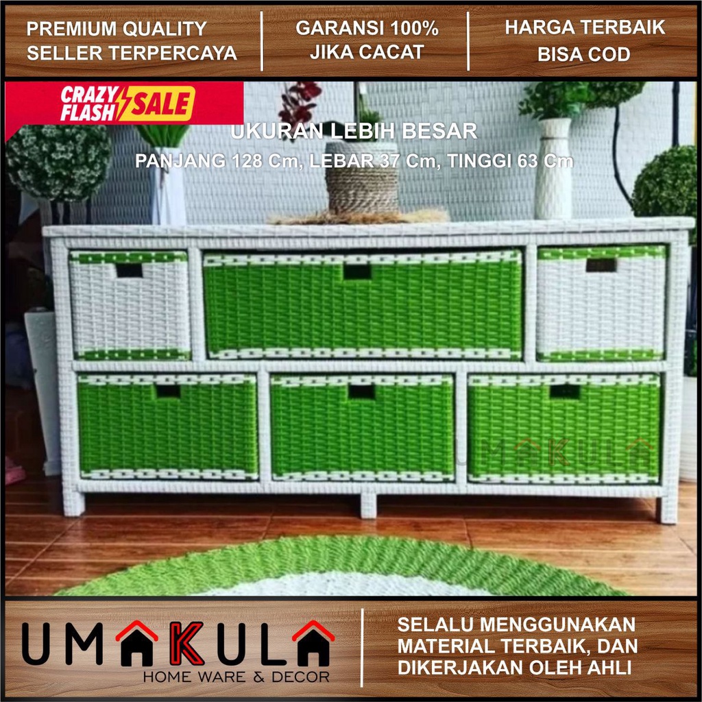 Jual Rak Lemari Rotan Sintetis 6 Laci Buffet Bufet Meja TV Ruang Tamu