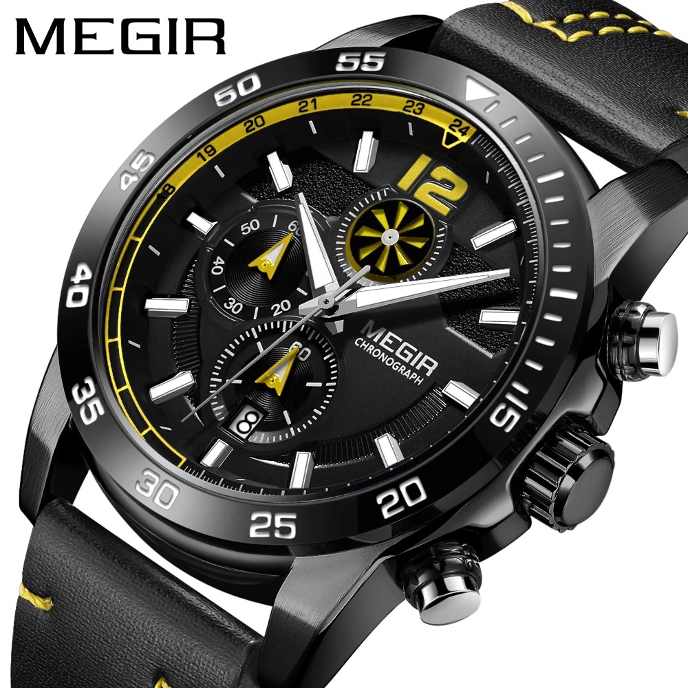 Jual Megir Jam Tangan Pria Analog Chronograph Tali Kulit Luminous