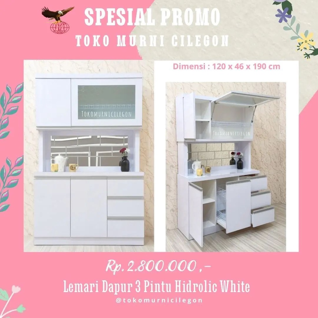 Jual Lemari Dapur 3 Pintu Hidrolic White Free Ongkir Cilegon Serang