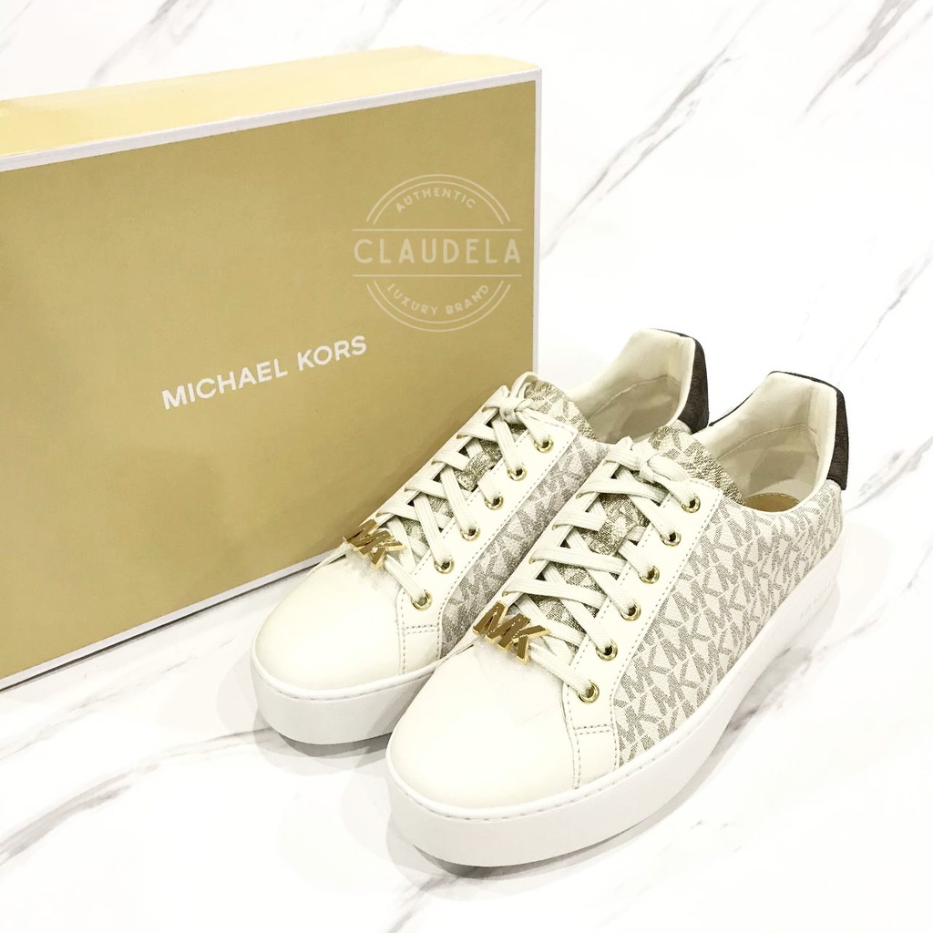 Jual Michael Kors Poppy Lace Up Sneaker Shoes In Signature Vanilla