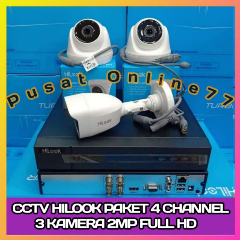 Jual PAKET CCTV HILOOK 2MP 4 CHANNEL 3 KAMERA FULL HD 1080P LENGKAP