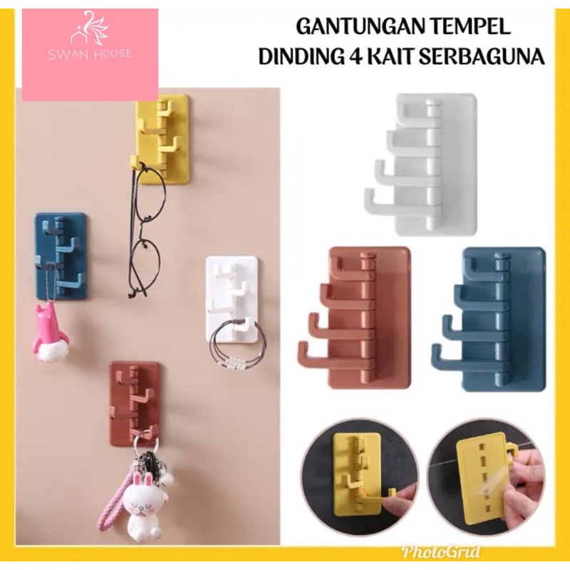 Jual Gantungan Tempel Dinding Baju Kunci 4 Kait Serbaguna Holder 4