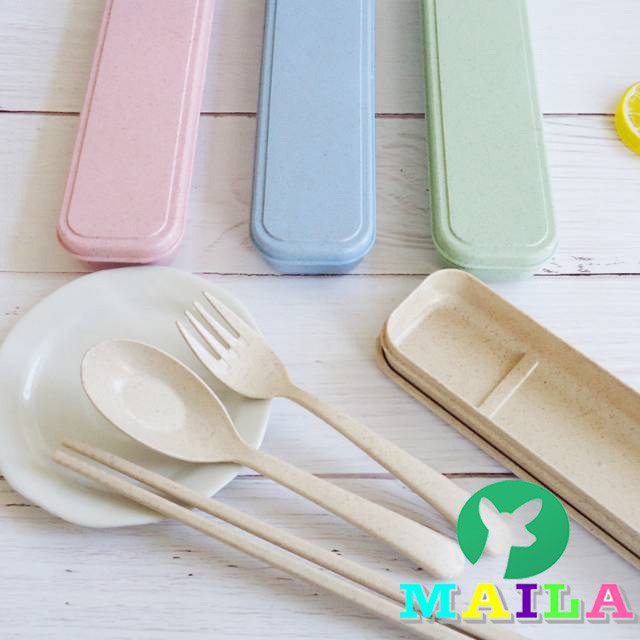 Jual Set Alat Makan Sendok Garpu Sumpit Box Plastik Jerami Wheat