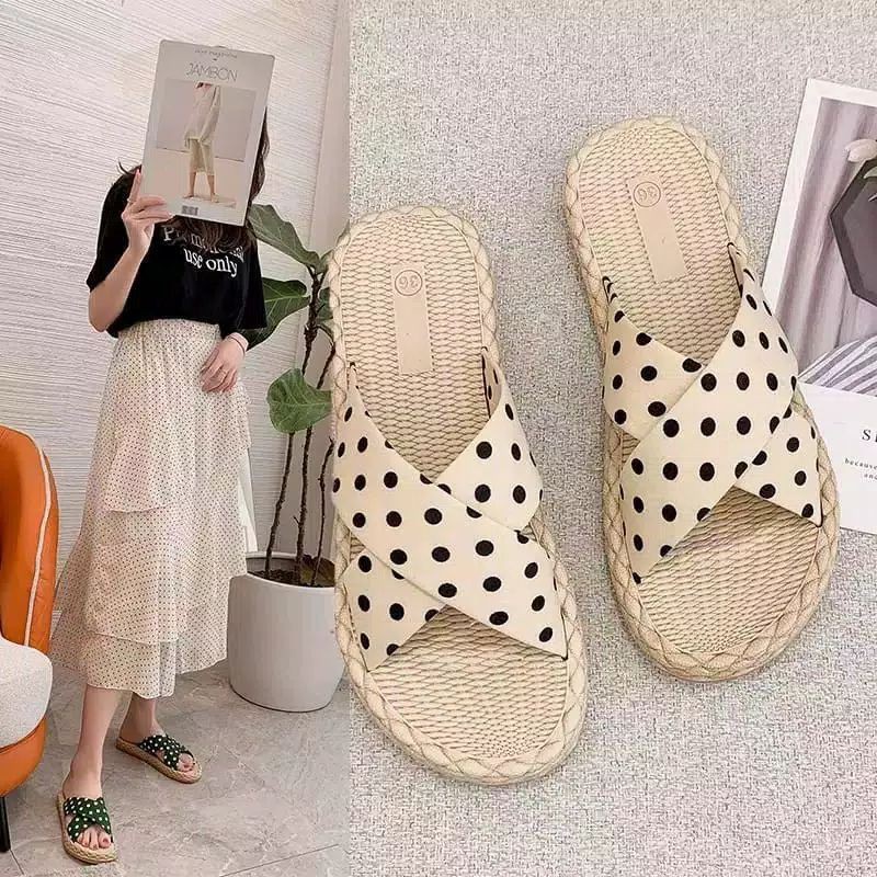 Jual Sandal Wanita Sendal Etnik Silang Terbaru Motif Polkadot Kekinian