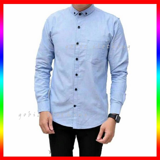 Jual Baju Kemeja Pria Lengan Panjang Polos Warna Biru Muda Katun Soft