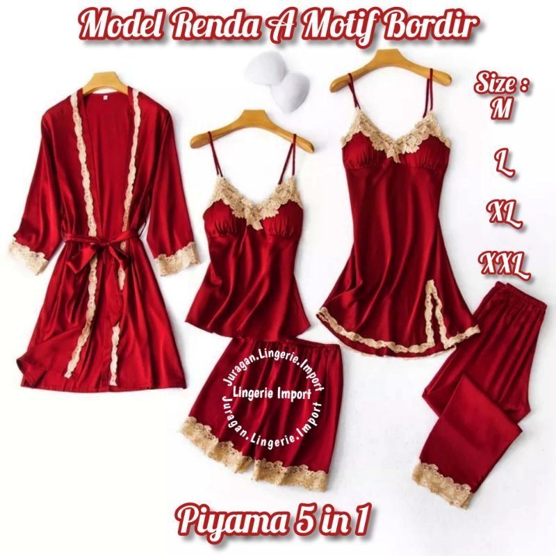 Jual Setelan 5 IN 1 BORDIR Kimono Bride Lingerie Satin Set Baju Tidur