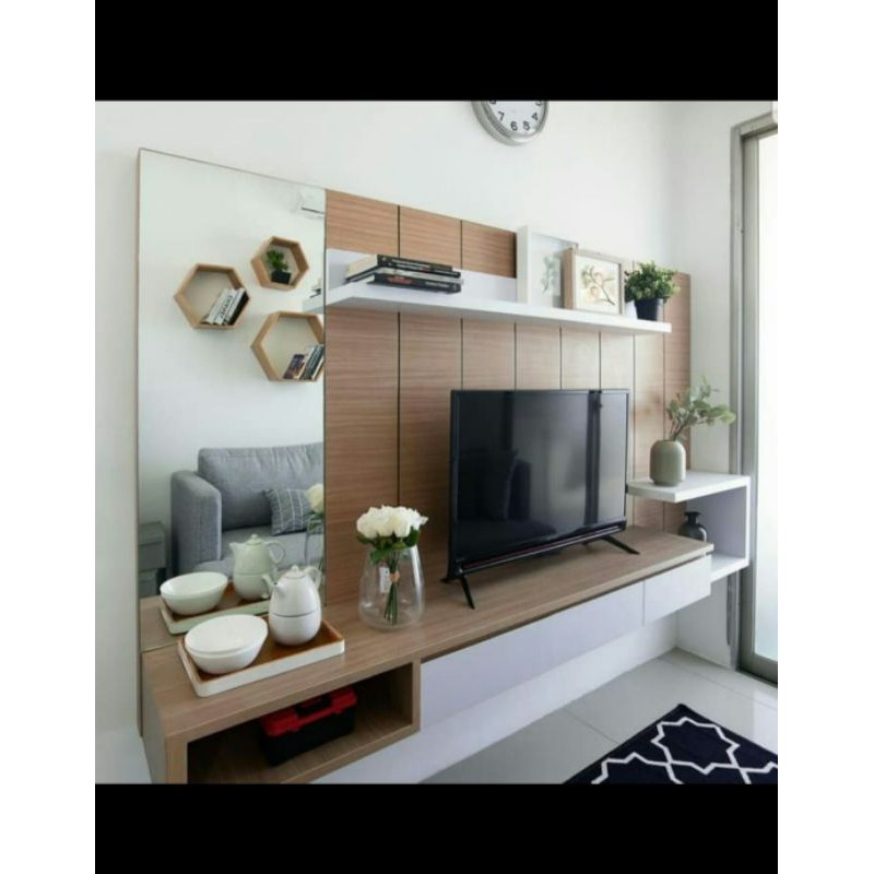 Jual Backdrop Tv Wardrobe Tv Led Lemari Gantung Tv Kayu Hpl Custom Rak