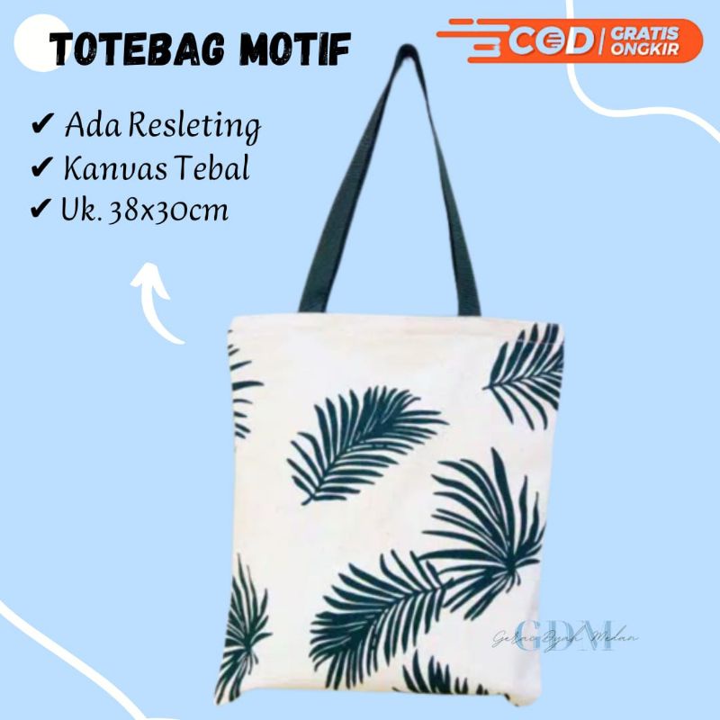 Jual Tas Totebag Tote Bag Tote Kanvas Canvas Resleting Tebal Motif Daun