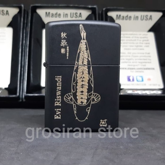 Jual Zippo Koi Ikan Fish Custom Logo Ukir Grafir Nama Kado Korek Hitam