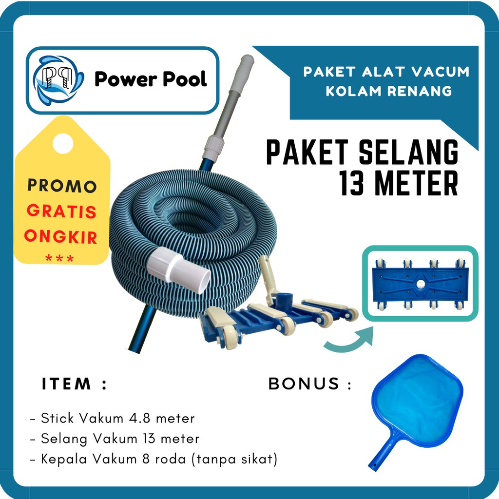 Jual Paket Alat VACUM Kolam Renang Selang 13m V Head 8 Roda BONUS Leaf