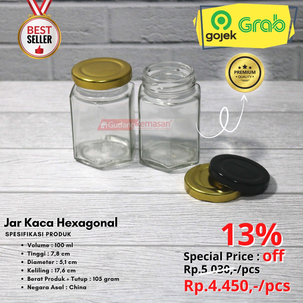 Jual JAR KACA 100ML HEXAGONAL TUTUP KALENG EMAS HITAM PER 25PCS